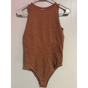 OQQ Ribbed Bodysuit Brown Sleeveless High Neck Tank Bodysuit Size M